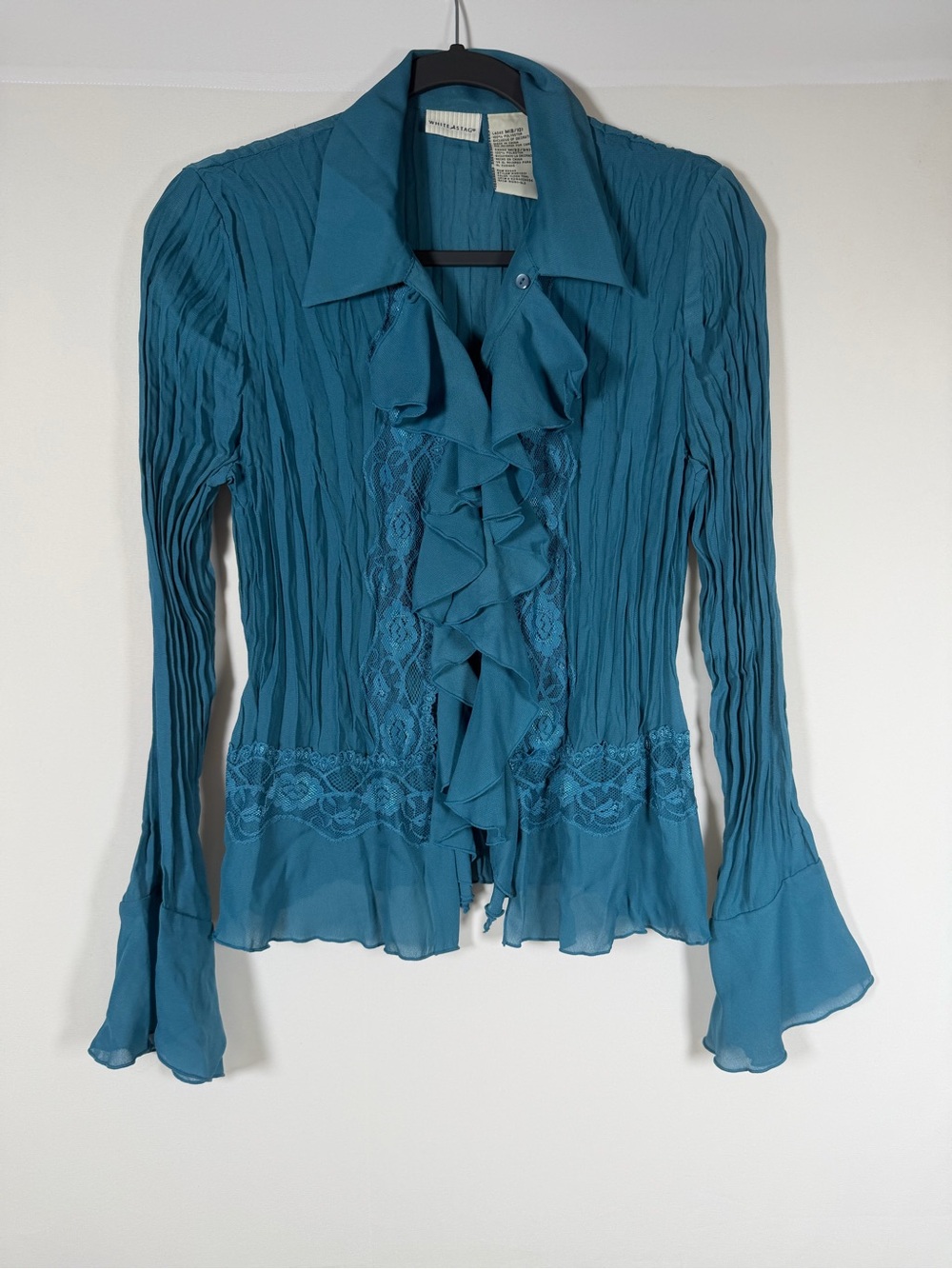Vintage Teal Fairy Ruffle Front Lace Trim Long-Sleeve Pleated Blouse Steampunk